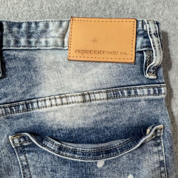 Smoke Rise Jeans Mens 32x32 Tie Die Ripped Slim Fit Distressed Washed Blue Logo - Picture 16 of 16